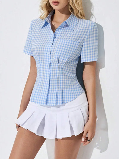 Trendsi Short Sleeve Button-Up Shirt blue gingham fitted waist paired with pleated white mini skirt