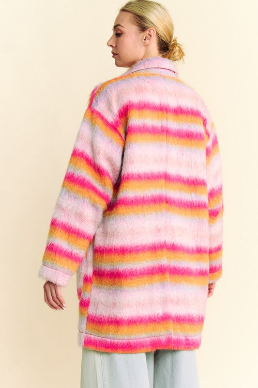 Pink Orange Contrast Striped Open Front Coat with Pockets