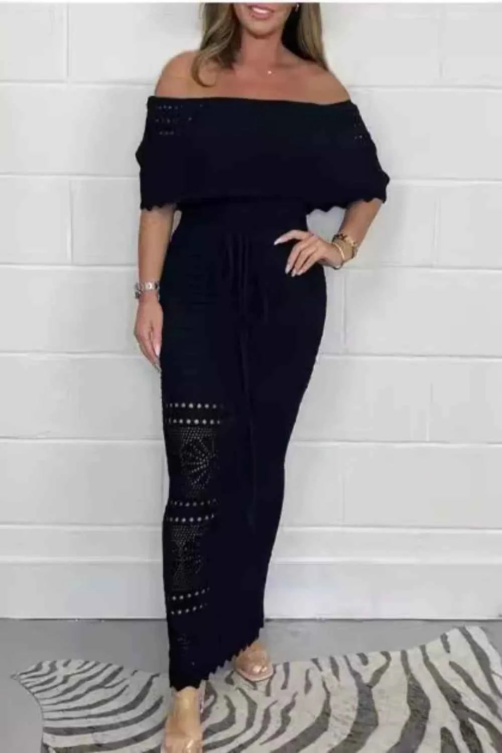 Off-Shoulder Maxi Dress - Waist Tie Crochet Cutouts