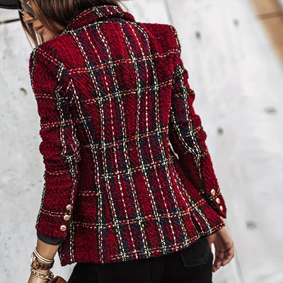 Elegant Checkered Long Sleeve Blazer - Double-Breasted Printed Coat