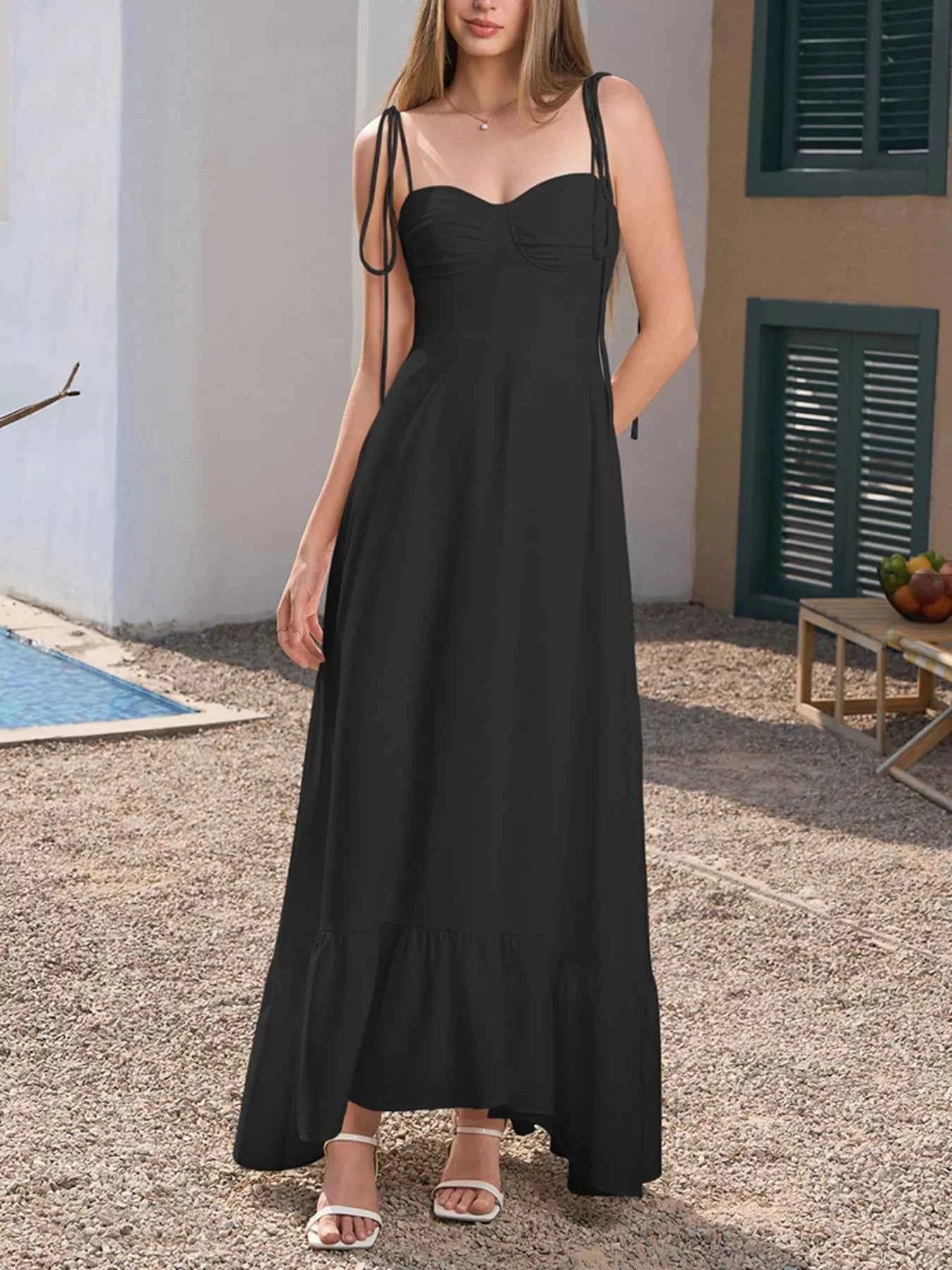 Sweetheart Neck Tie-Strap Ruffle Hem Maxi Dress