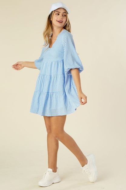 Gingham Checked Tiered Mini Dress