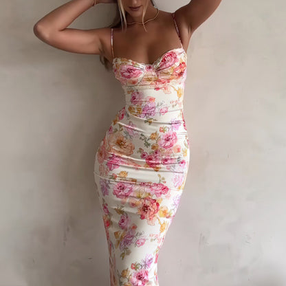 Floral Maxi Dress - Bodycon Spaghetti Strap Vacation Dress