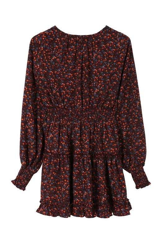 Ditsy Floral V-Neck Long Sleeve Mini Dress