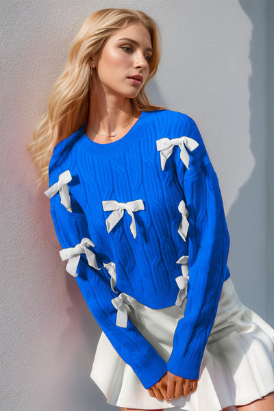 Double Take Full Size Bow Cable-Knit Round Neck Sweater - Fashions Envy