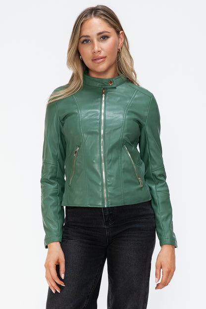 Sage Faux Leather Zip Up Drawstring Hooded Jacket