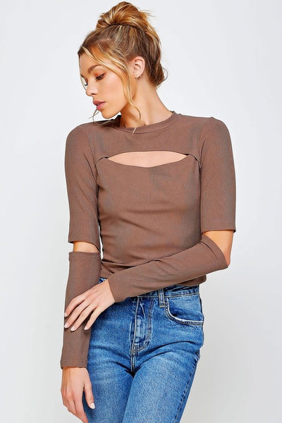 Ribbed Fitted Long Sleeve Top With Chest & Elbow Cutouts