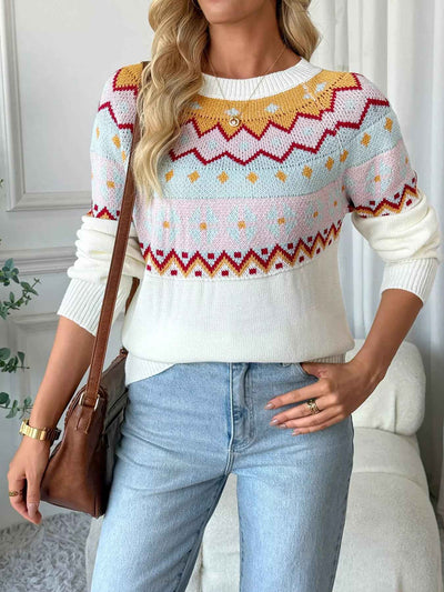 White Fair Isle Sweater - Colorful Pattern Design - Fashions Envy