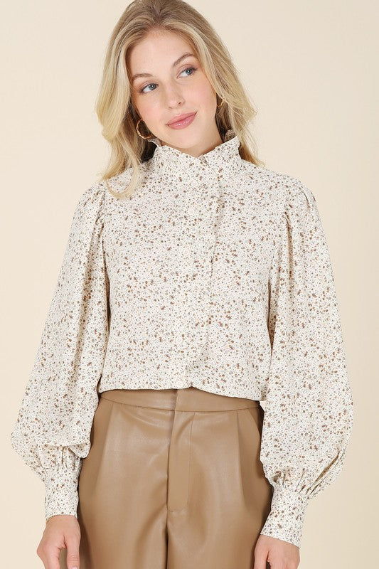 Stand Collar Floral Frill Puff Sleeve Blouse