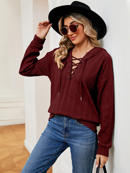 Lace-Up Long Sleeve Hoodie - Fashions Envy