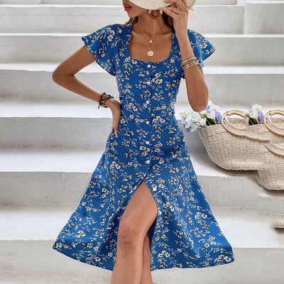 Bohemian Floral Print Midi Dress - Flowy Button Up