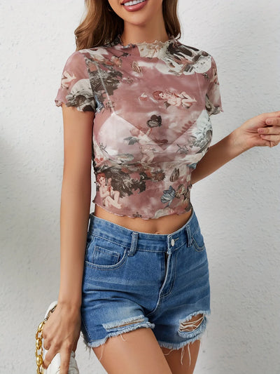 Abstract Print Ruffled Mock Neck Crop T-Shirt - Fashions Envy