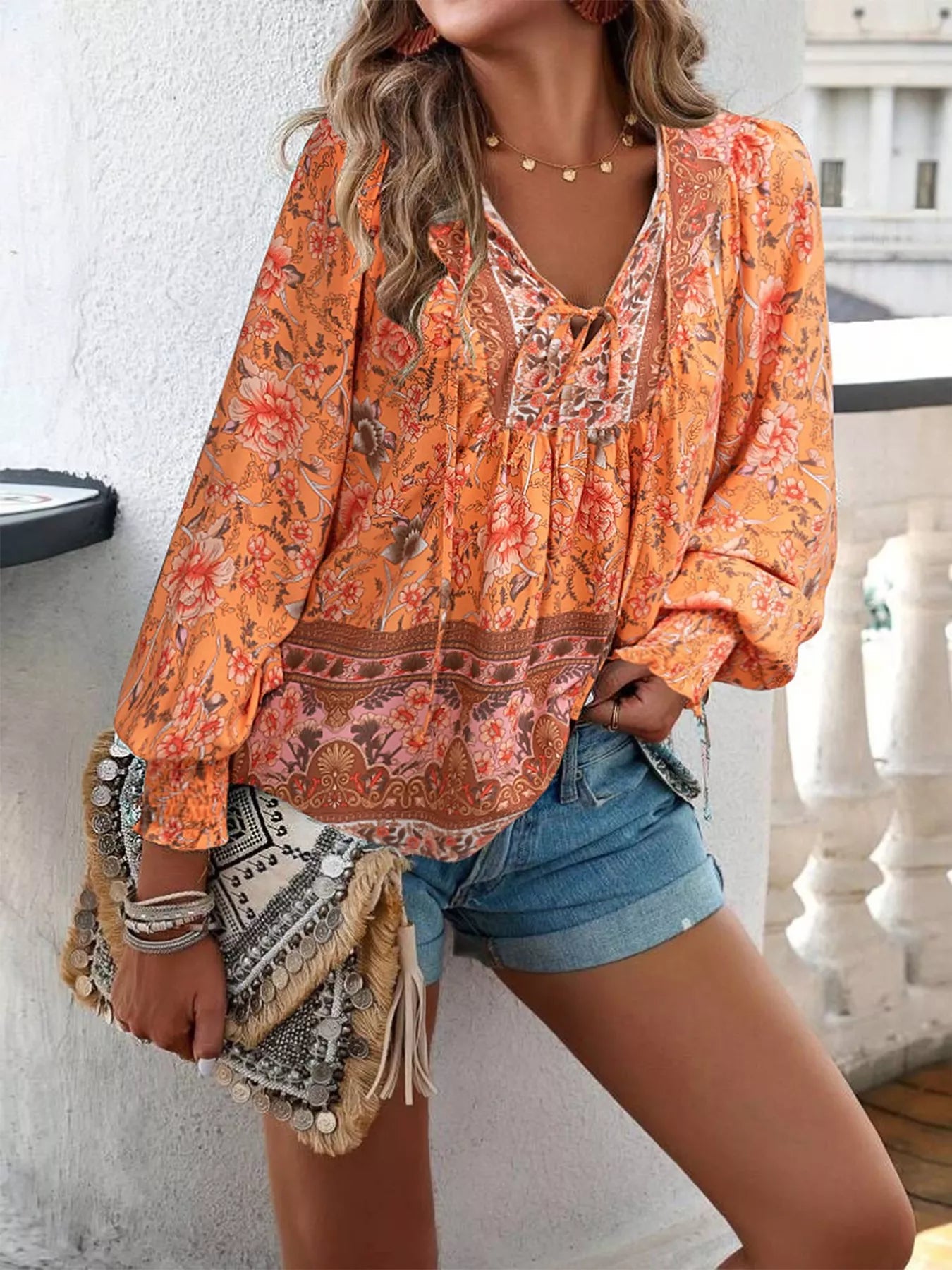 Bohemian Blouse - Floral Print Tie Neck - Fashions Envy