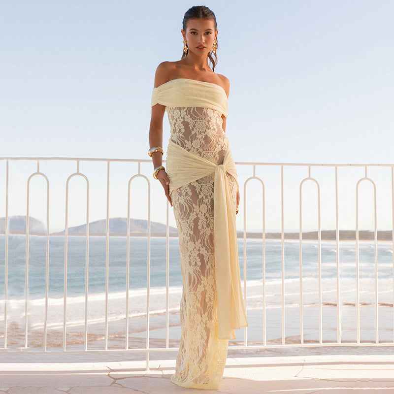 Sexy Sheer Mesh And Lace Off-Shoulder Dress For Women
