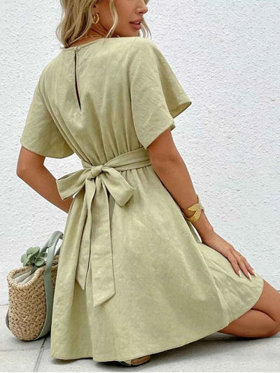 Twist Waist Flutter Sleeve Mini Dress
