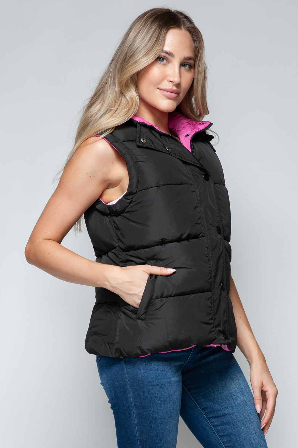 Black/Rose Violet Snap and Zip Closure Hooded Vest