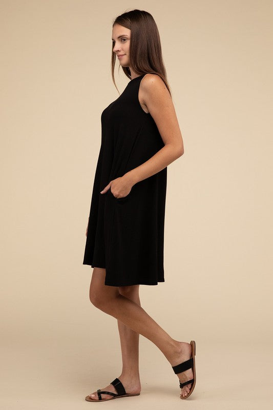 Casual Sleeveless Flared Midi Dress with Side Pockets