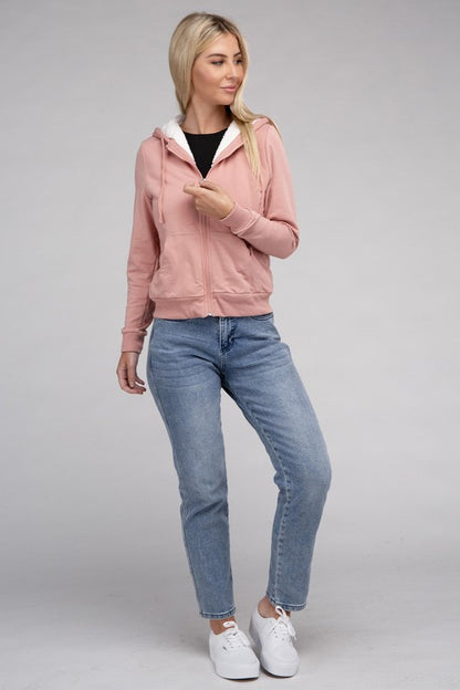 Fuzzy Trim Zip-Up Cropped Length Hoodie