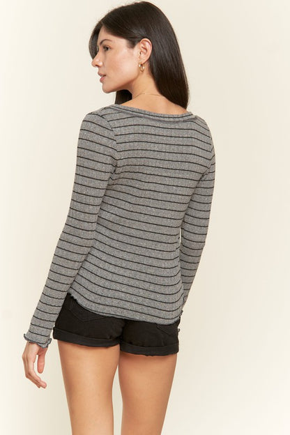 Ribbed Henley Neck Long Sleeve Basic Top