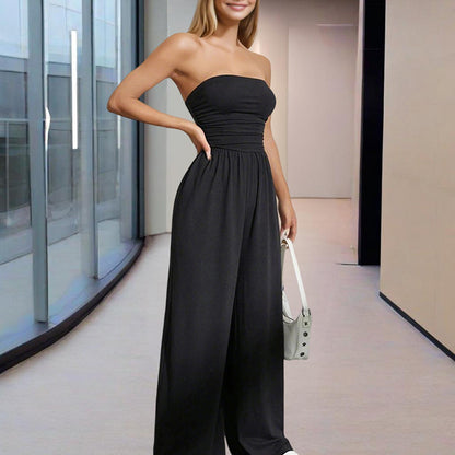 Solid Color Wide-Leg Palazzo Pants With Pleats Strapless Jumpsuit