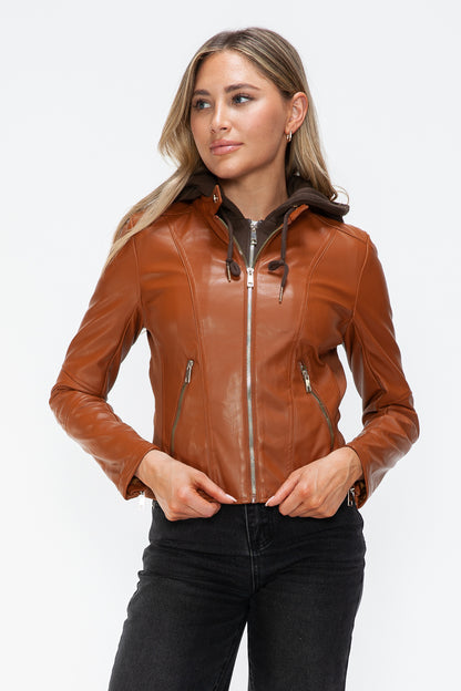 Camel Faux Leather Zip Up Drawstring Hooded Jacket