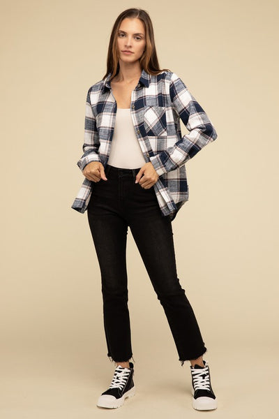 Cotton Plaid Shacket With Front Pocket - Fashions Envy