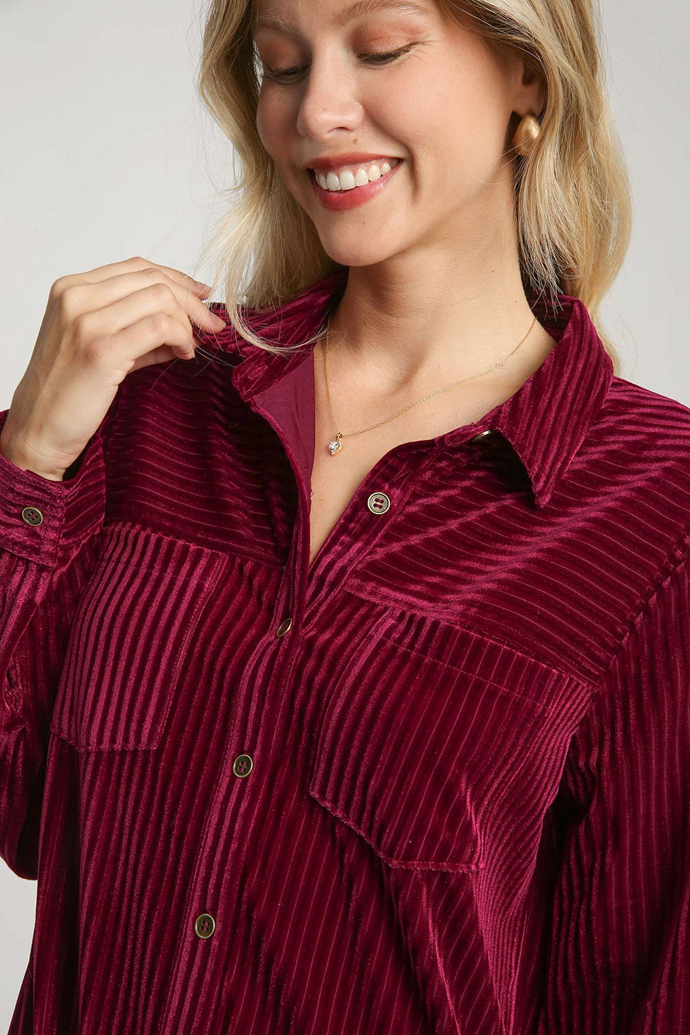 Burgundy Texture Curved Hem Button Down Shirt Dress