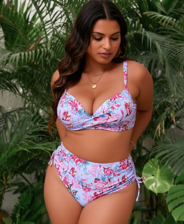 Purple Floral Plus Size Bikini - Halter Tie Neck High Waist
