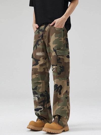 Men's Distressed Camouflage Cargo Pants - Cotton Camo Cargo Pants - Fashions Envy
