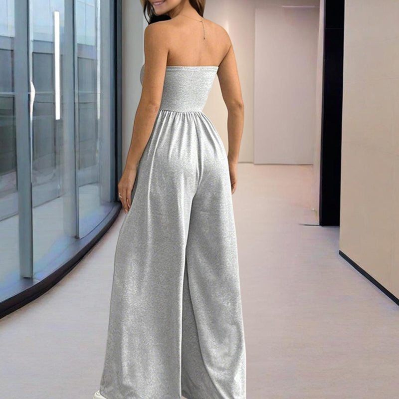 Solid Color Wide-Leg Palazzo Pants With Pleats Strapless Jumpsuit