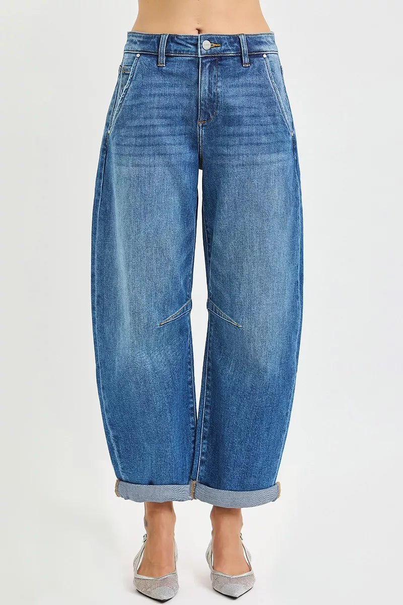 RISEN Barrel Jeans - Slouchy Cropped Cuffed Hem - Fashions Envy