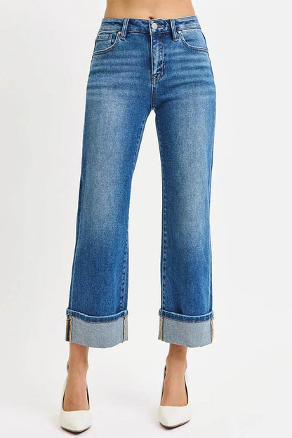 RISEN Full Size Mid Rise Crop Straight Cuffed Jeans Plus Size - Fashions Envy