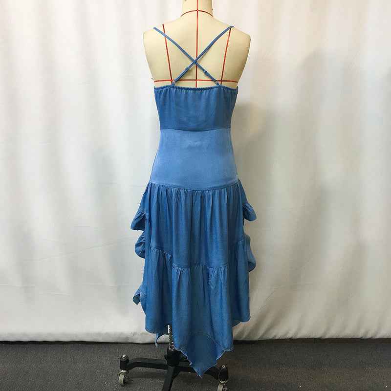 Ruffled High-Low Dress - Crisscross Back Spaghetti Strap - Fashions Envy