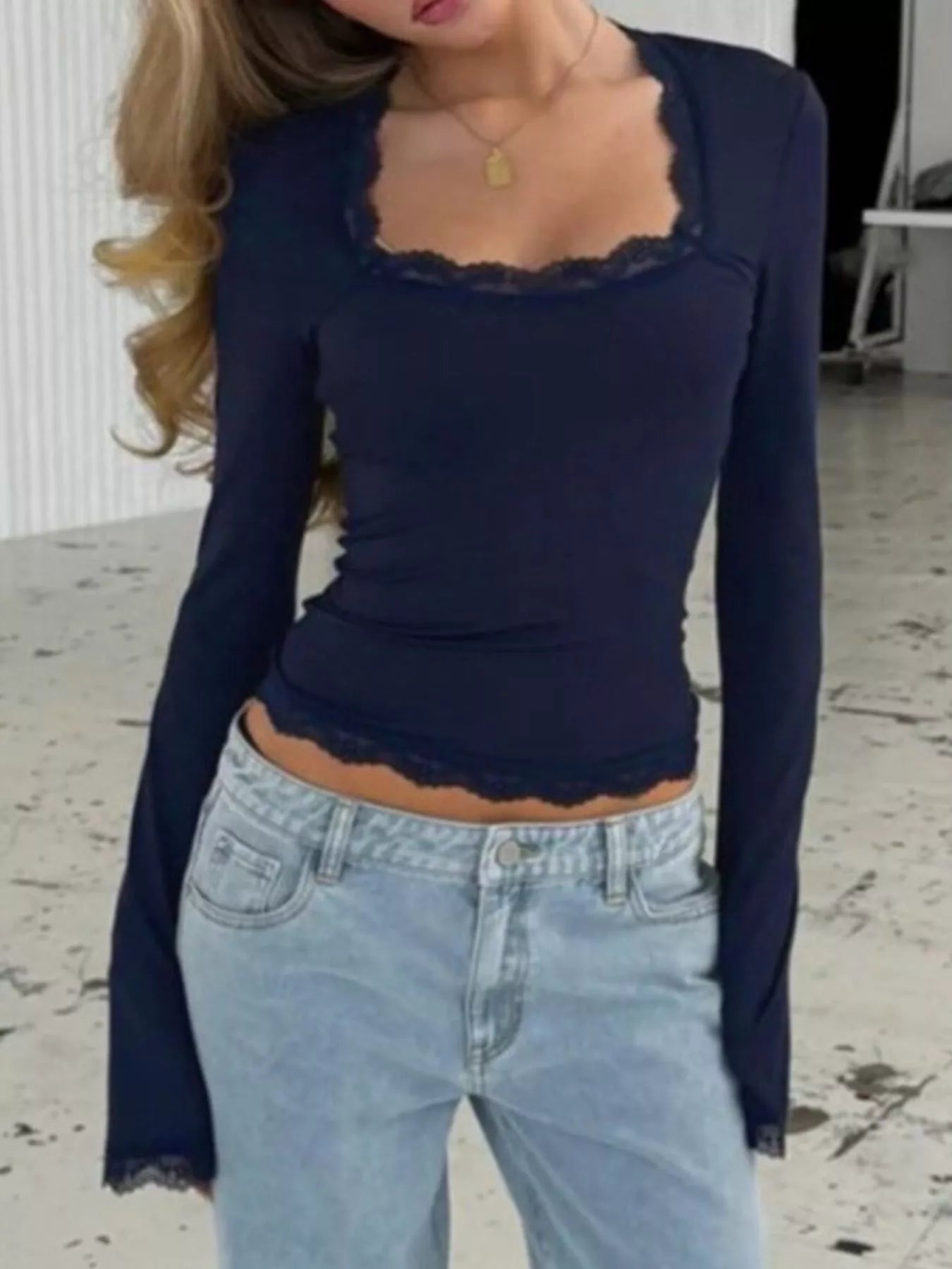 Lace Trim Top - Square Neck Long Sleeve Fitted - Fashions Envy