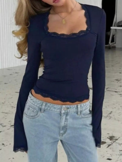 Lace Trim Top - Square Neck Long Sleeve Fitted - Fashions Envy