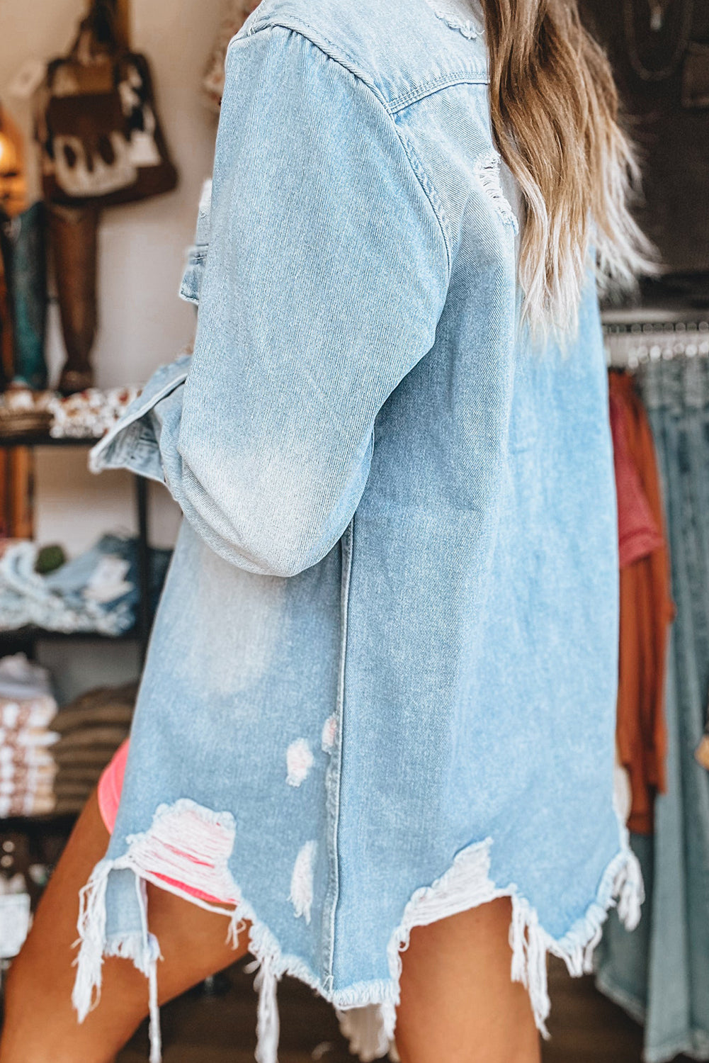 Sky Blue Light Wash Distressed Frayed Long Denim Jacket