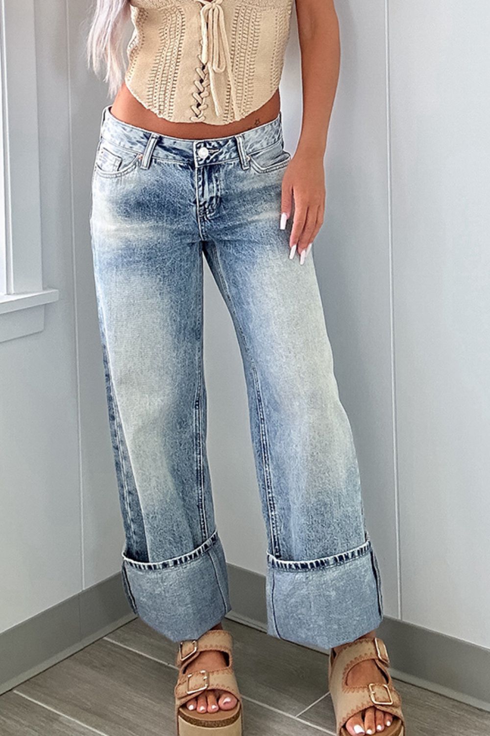 Medium Denim Washed Wide Leg Jeans with Pockets