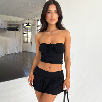 Sleeveless Y2K Hot Girl Cropped Tube Top & Pleating Skirt Set