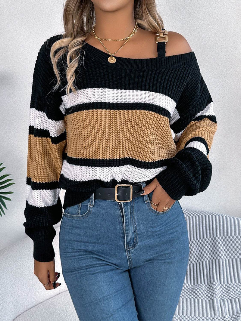 Color Block Asymmetrical Neck Long Sleeve Sweater - Fashions Envy