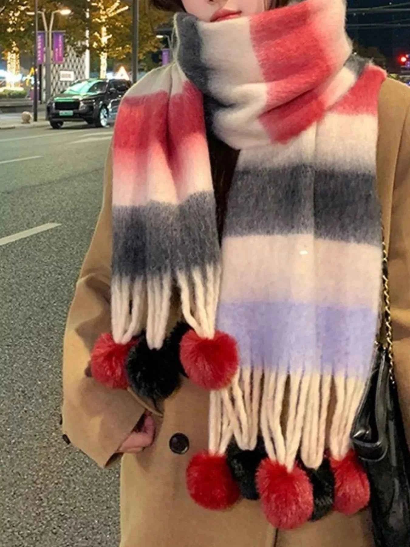 Striped Scarf with Pom-Poms