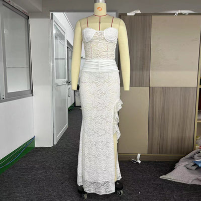 Mesh Two-Piece Set - Tube Top & Slit Skirt Summer Dress