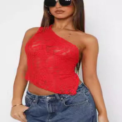Lace Backless Tank Top - Asymmetrical Sloped Neck