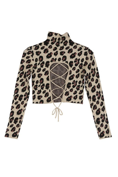 Mock Neck Long Sleeve Lace-Up Open Back Top - Fashions Envy