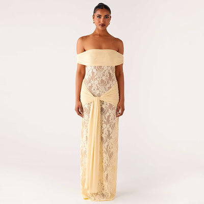 Sheer Mesh and Lace Maxi Dress - Sleeveless Off-Shoulder