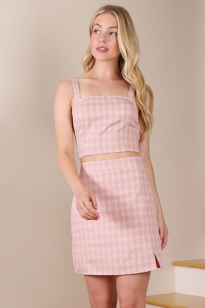 Check Pattern Sleeveless Cropped Top & Skirt Set