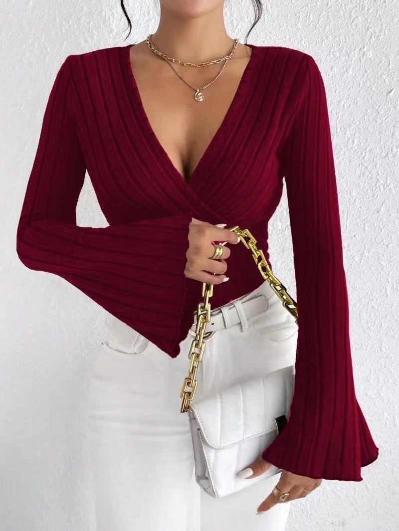 Ribbed V-Neck Top - Flared Sleeve Elegant Fit