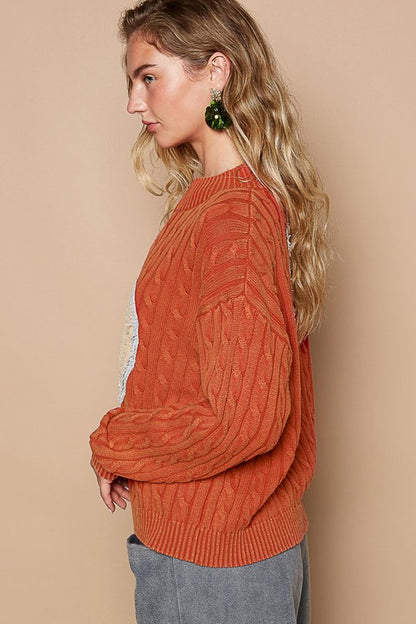 Orange-Red Cable-Knit Peace Patch Dropped Shoulder Sweater