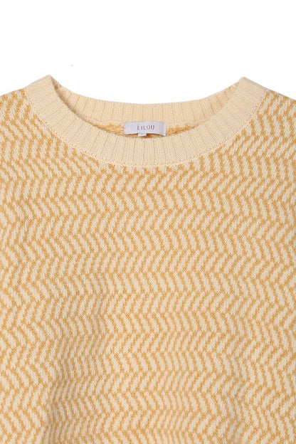 Herringbone Pattern Crew Neck Long Sleeve Sweater