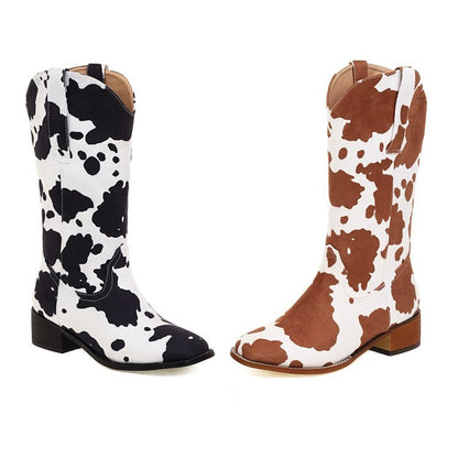 Moo-ving Style Boots - Vintage Cow Print Western