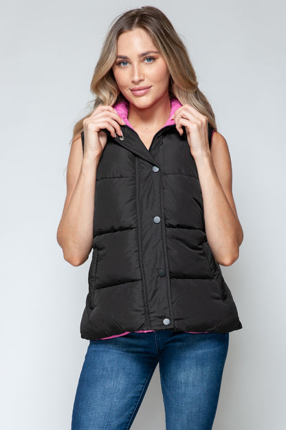 Black/Rose Violet Snap and Zip Closure Hooded Vest